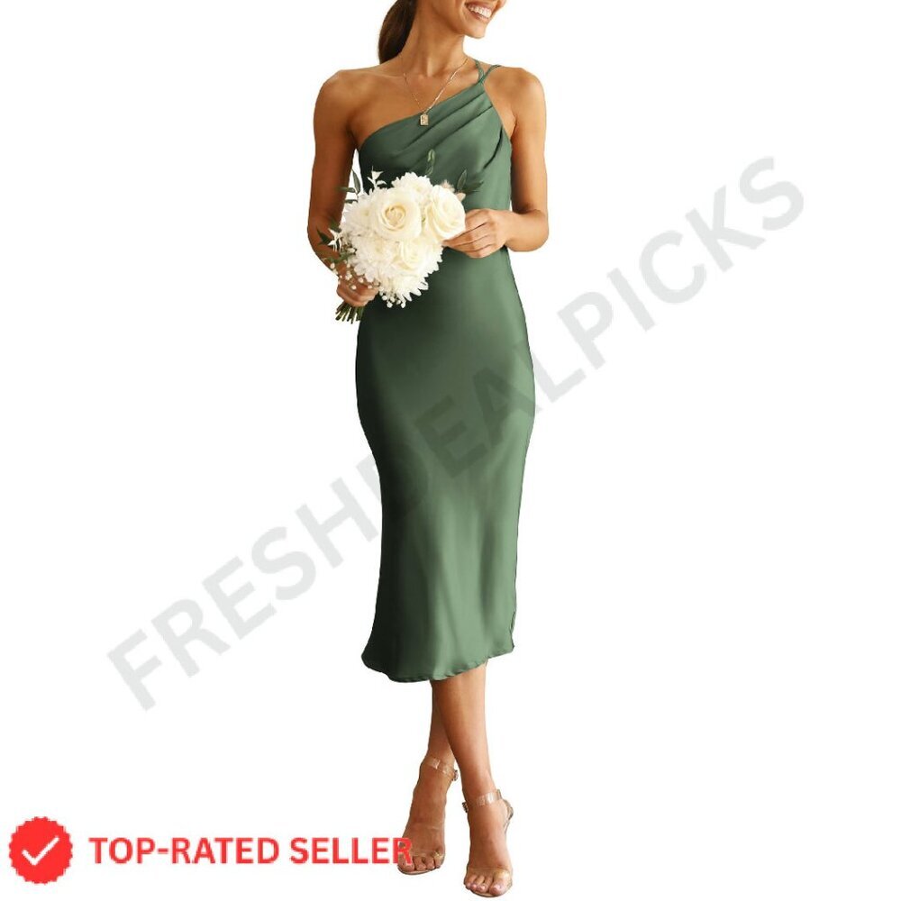 Satin Midi Dress One Shoulder Backless Ruched Bodycon Formal Chic